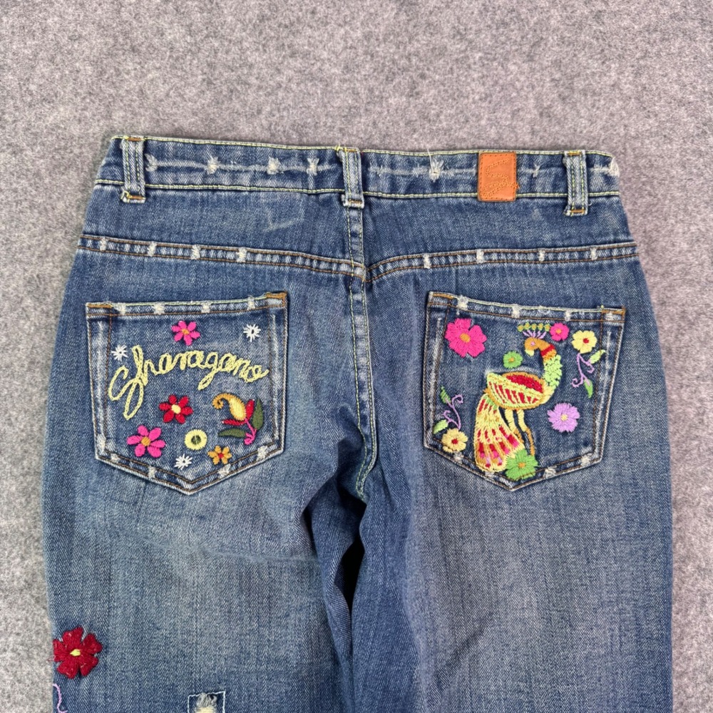 Sharagano Jeans Womens Blue Embroidered Floral Peacock Distressed Flare Y2K 28 - Picture 6 of 13